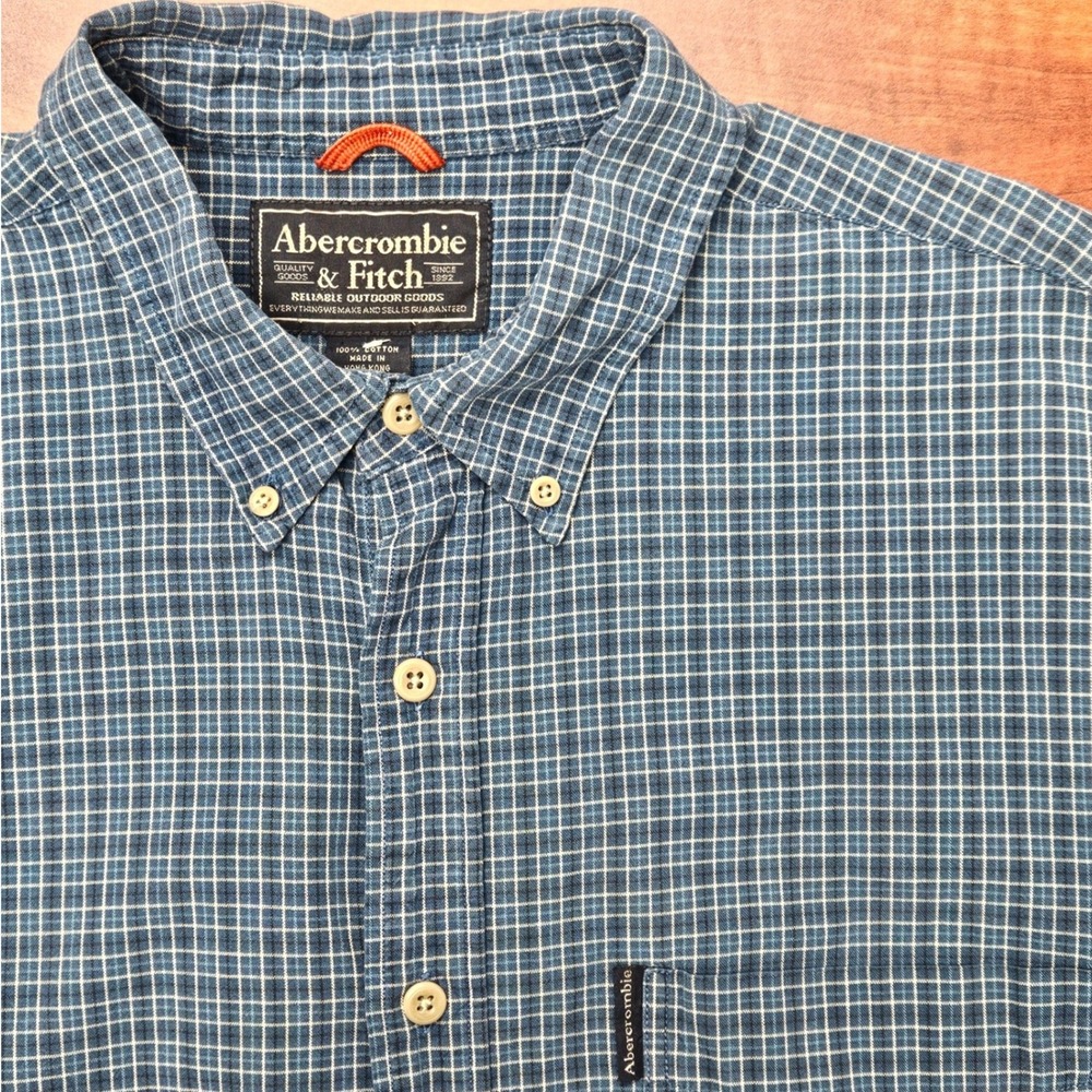 Abercrombie & Fitch Shirt Men XL Blue Short Sleeve Plaid Grid Gorpcore Americana